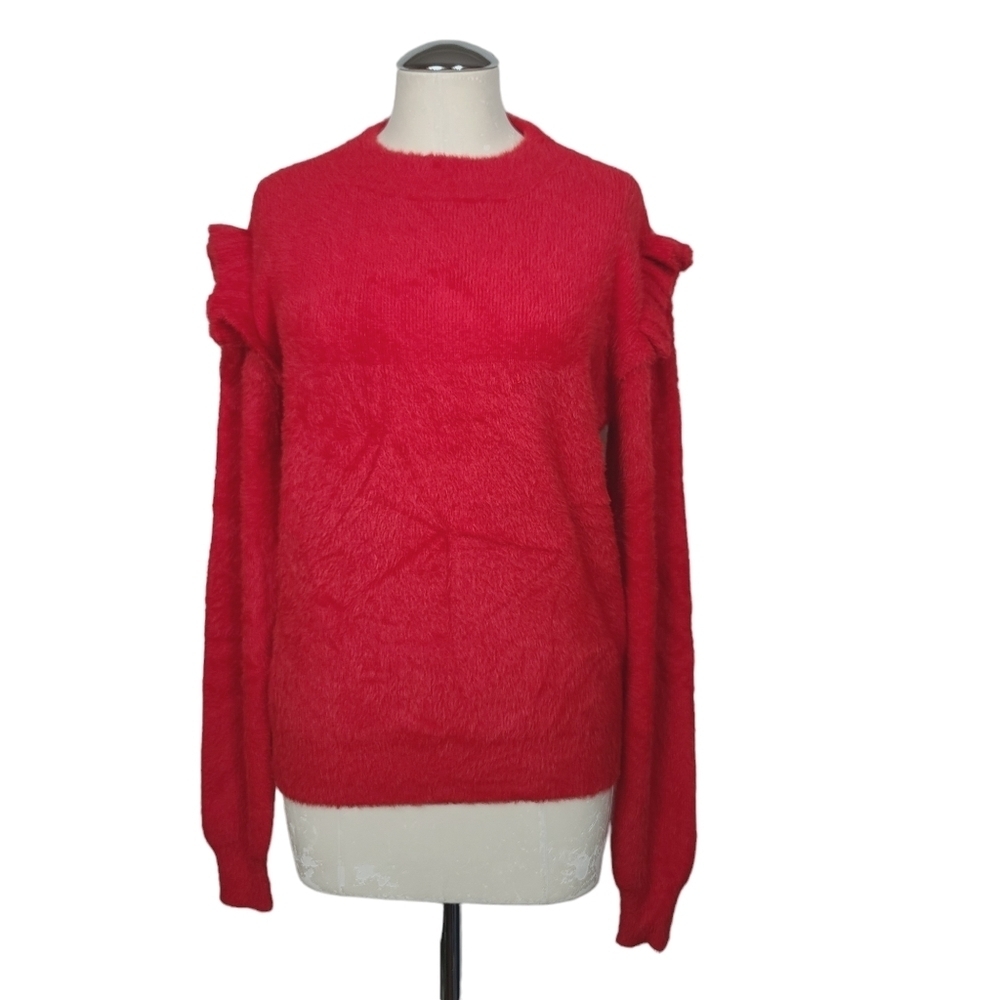 Molly Bracken Red Fuzzy Ruffle Sleeve Sweater L